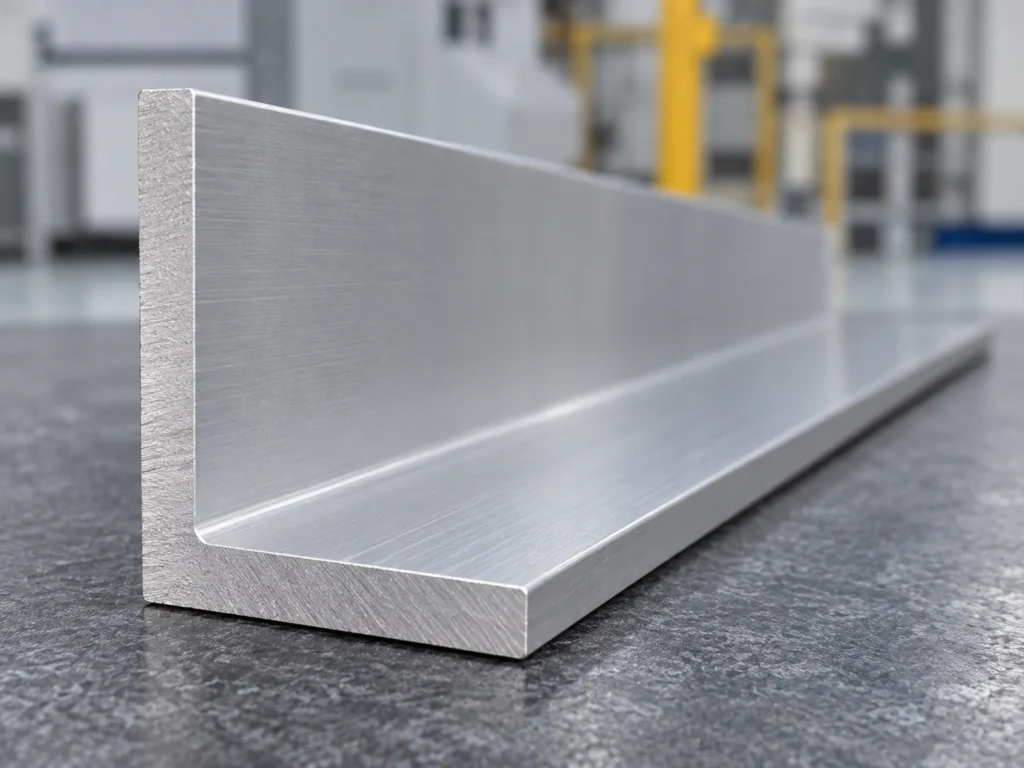 Close view of an aluminum angle section’s cut end and inside corner