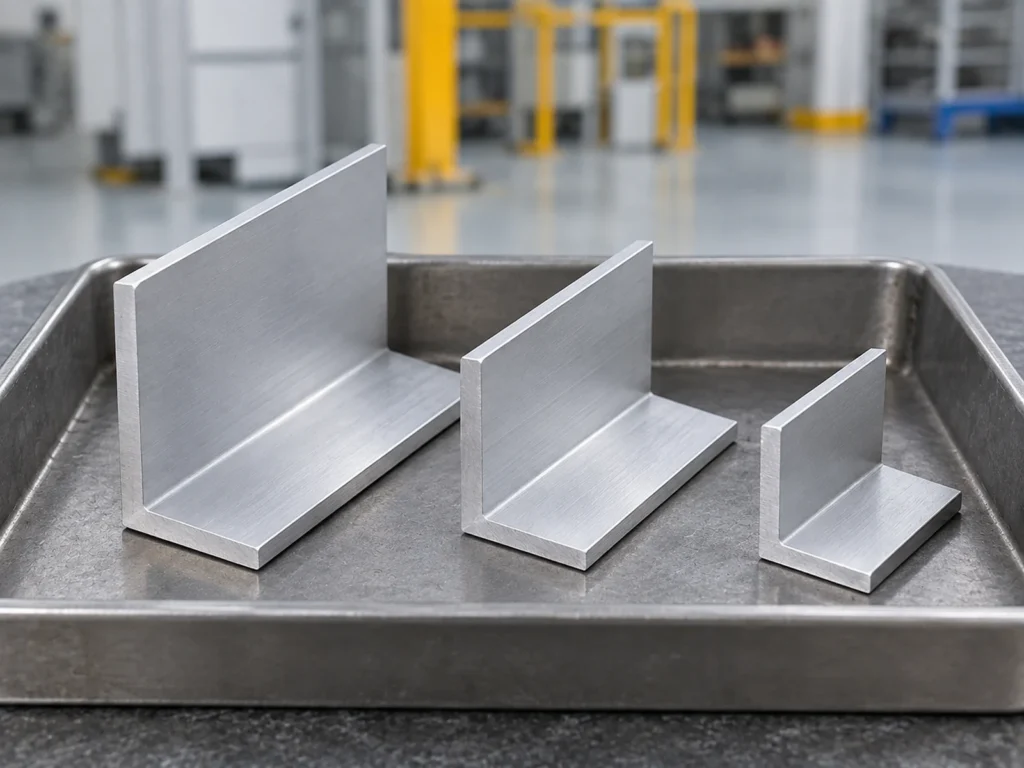 Three short L-shaped aluminum angle pieces of different sizes arranged in a metal tray.