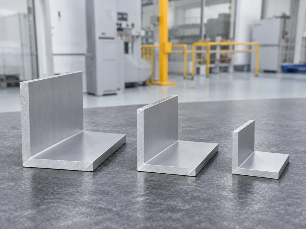 Three aluminum angle sections of different visible sizes standing on a metal bench.