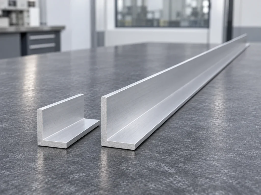 A long L-shaped aluminum section beside a short angle piece on a workbench.