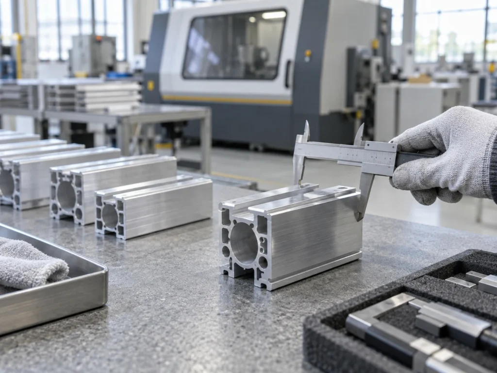 A gloved hand holds a caliper across a slotted aluminum profile on an inspection bench beside other profiles.