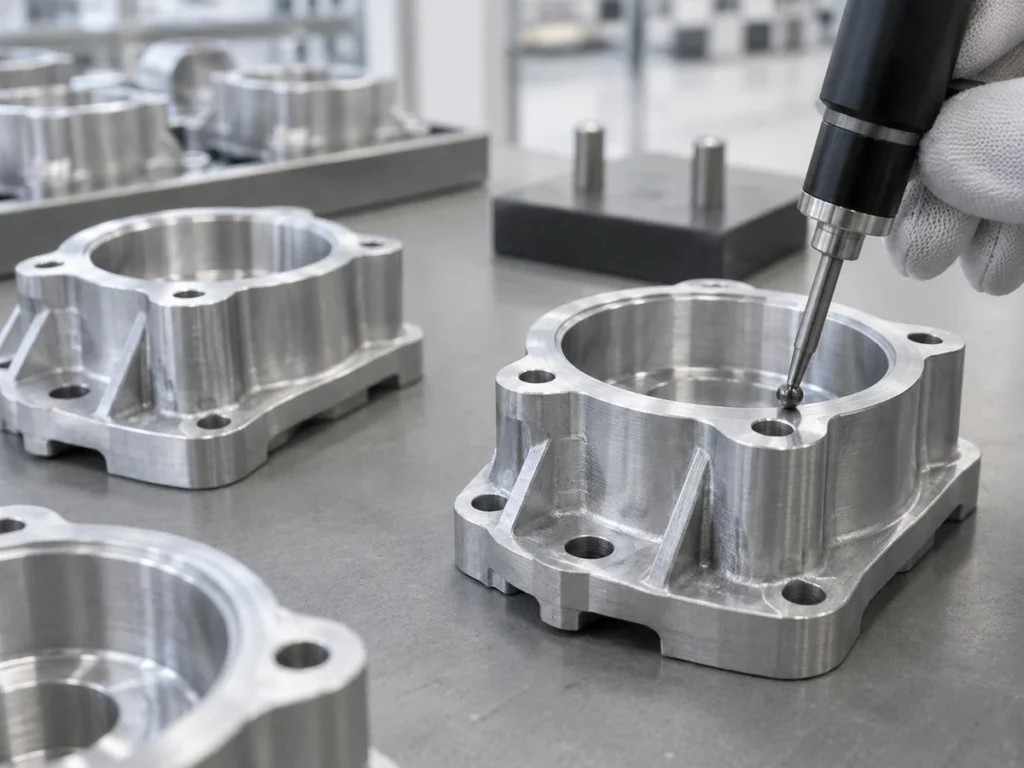Gloved hand holding a ball-tip probe against a machined aluminum flanged component beside several similar components.