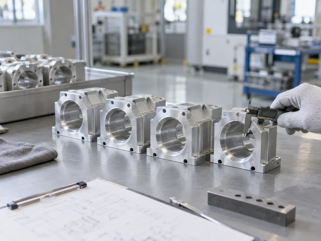 Aluminum parts with circular pockets and holes beside a caliper