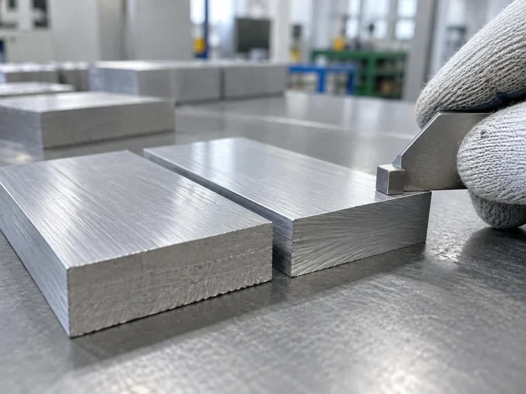 Rectangular metal samples with a gloved hand holding a small blade nearby
