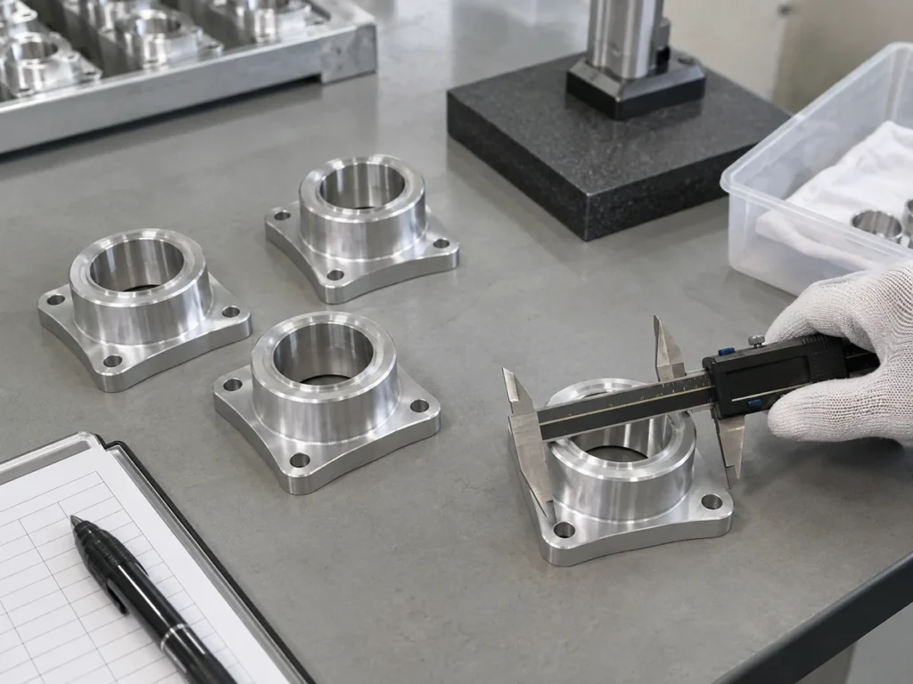 Four flanged circular parts beside a caliper and a written inspection sheet