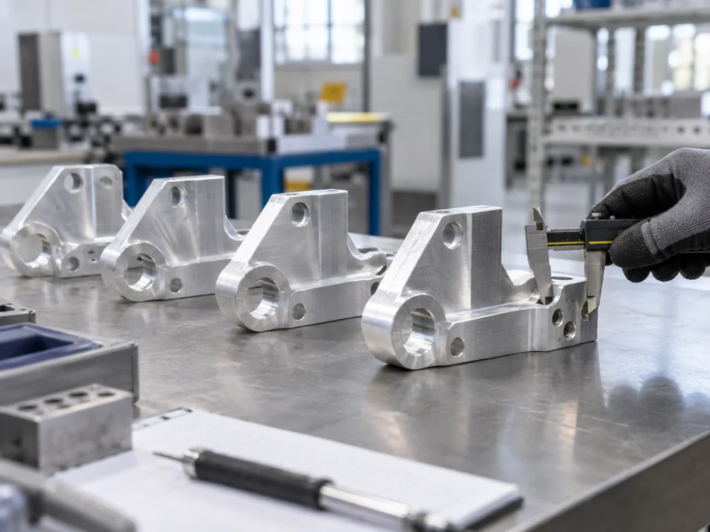 Row of machined aluminum brackets with circular openings and a gloved hand holding a caliper beside the nearest part.