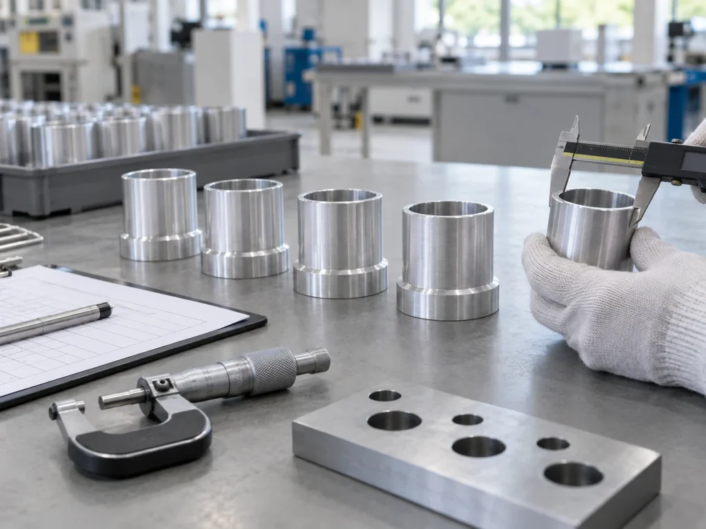 Gloved hands using a digital caliper beside aluminum sample pieces
