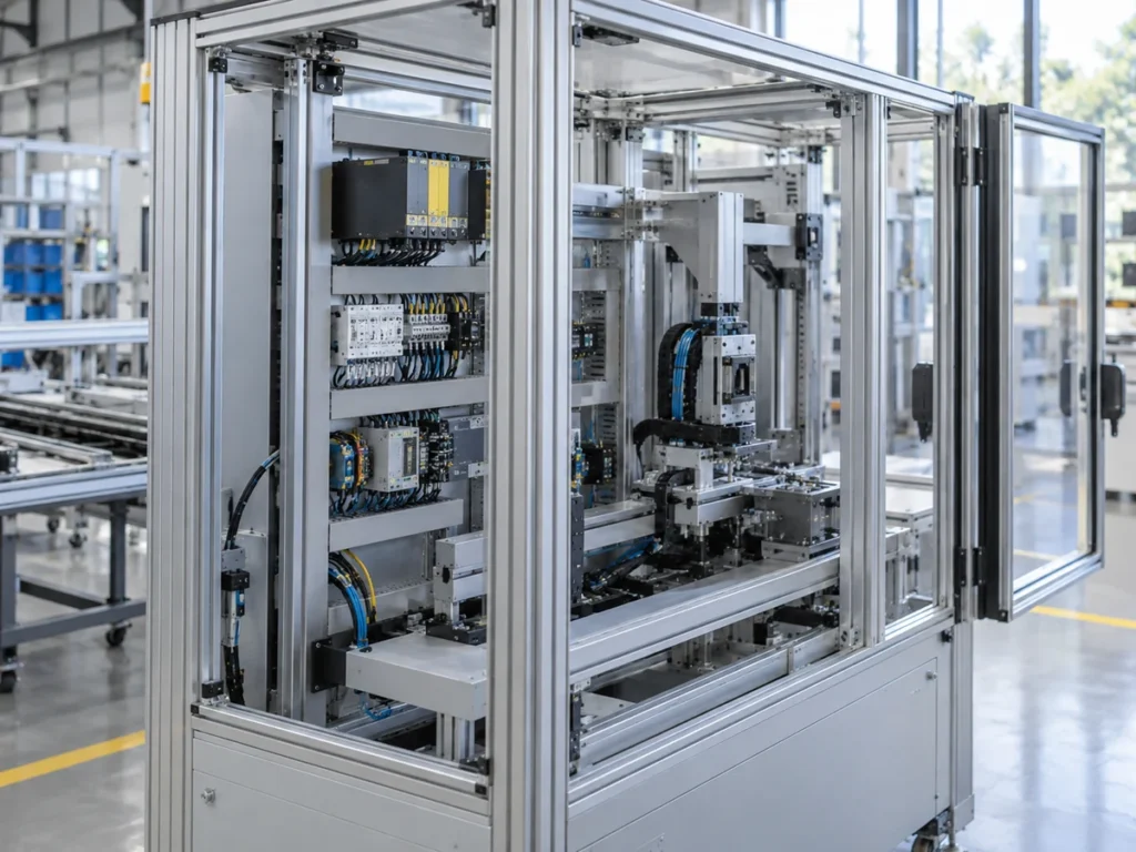 Aluminum-framed industrial cabinet with electrical modules, wiring and transparent side panels.