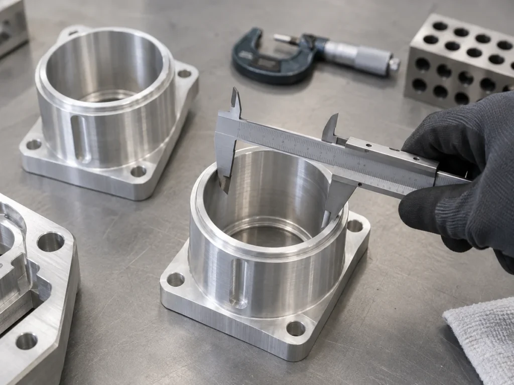 Two machined metal housings with cylindrical bores beside a gloved hand, caliper and micrometer.