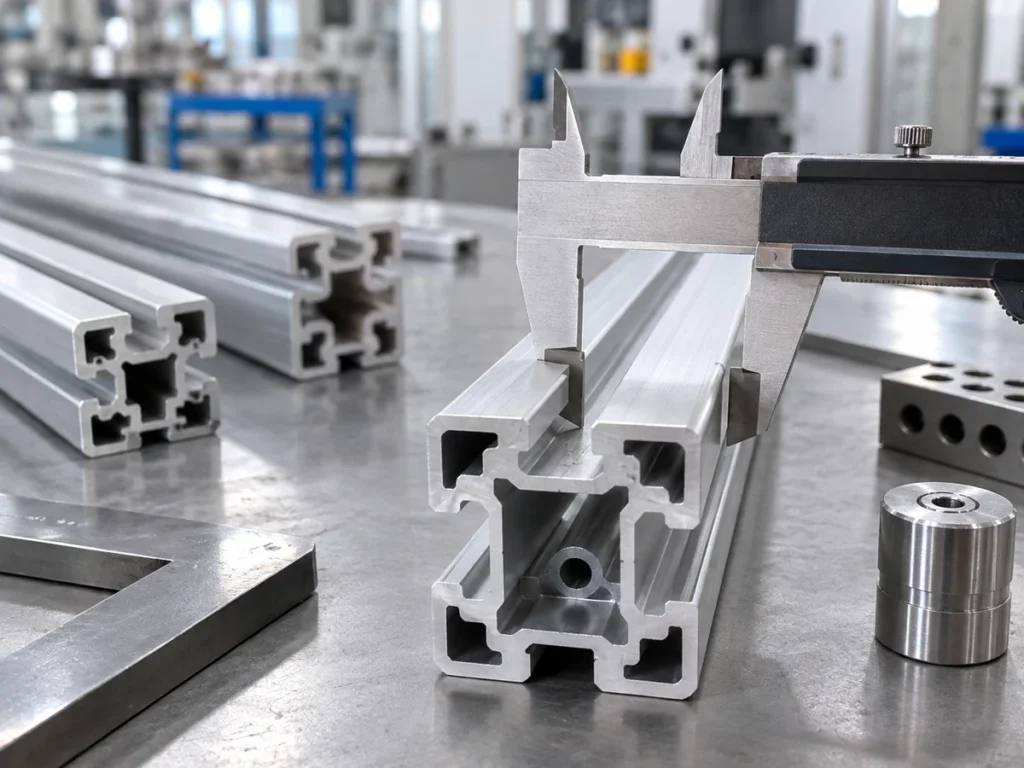 Caliper beside an aluminum T-slot extrusion on an inspection bench