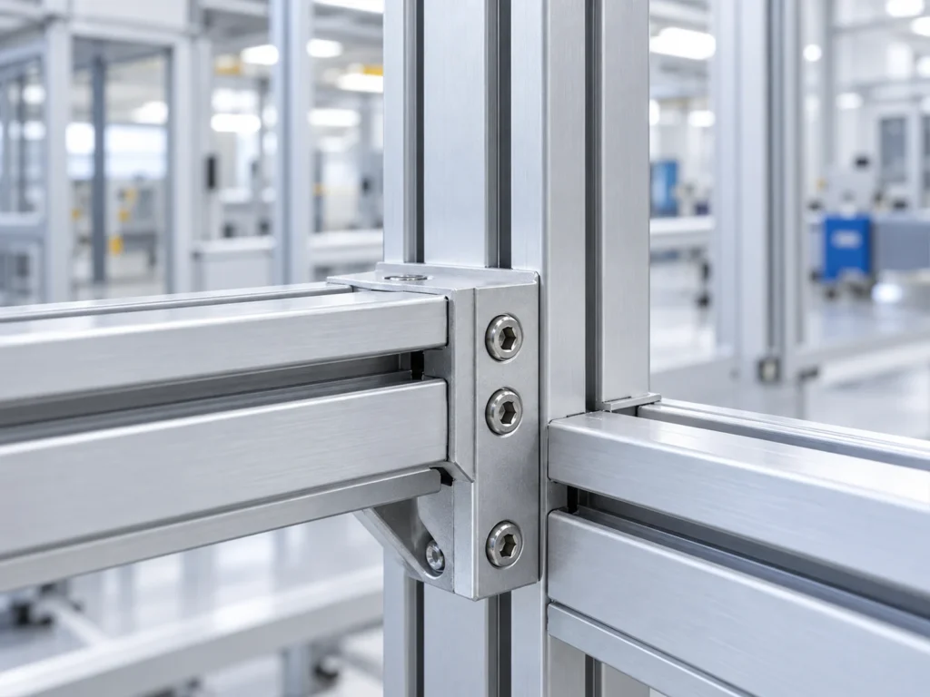 Close view of a bolted aluminum profile junction with horizontal members on both sides of a vertical post.