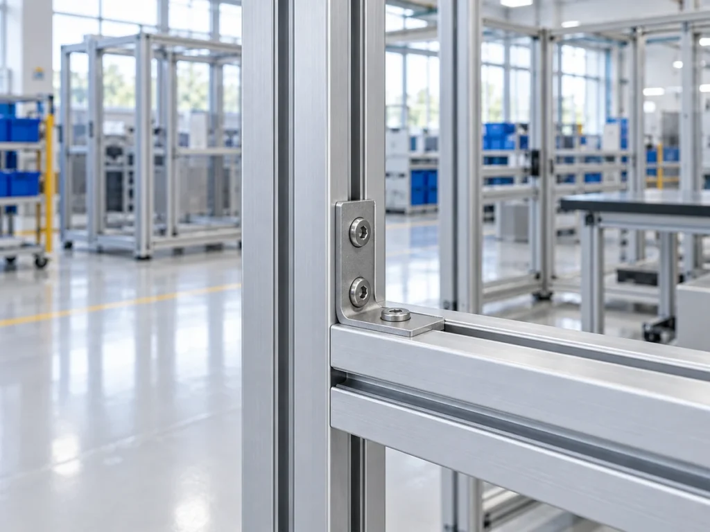 An L-shaped metal bracket joins a horizontal slotted aluminum profile to a vertical profile, with three visible socket-head screws.