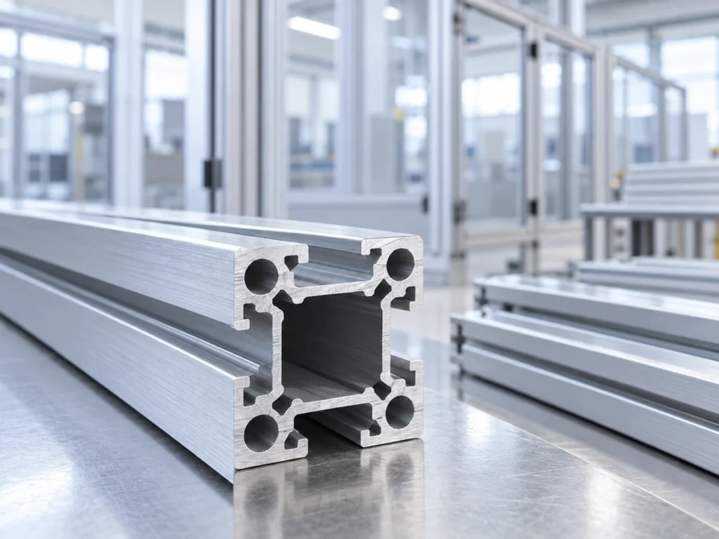 Close view of a hollow square aluminum profile end with four round corner openings and open grooves along its sides.