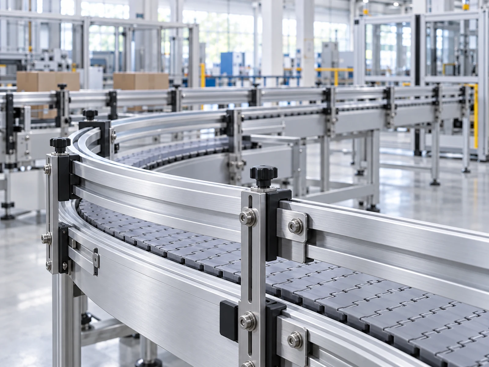 Illustrative conveyor context for an aluminum saw for conveyor manufacturing