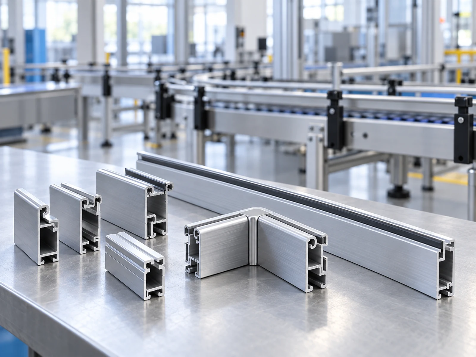Illustrative separate aluminum guide extrusions and a corner assembly