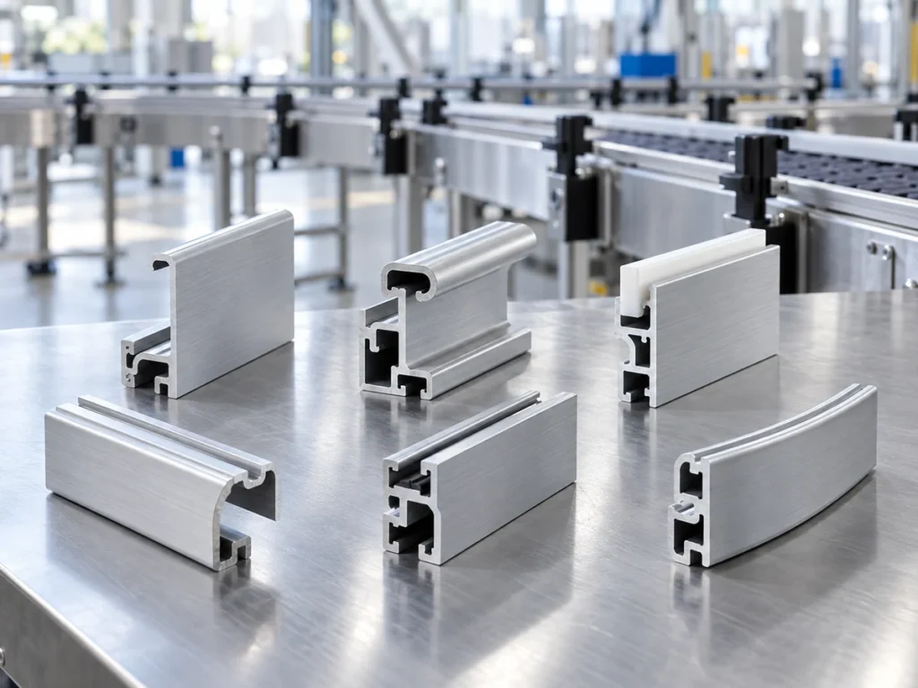 Aluminum conveyor side rail sections showing slots and upper edges