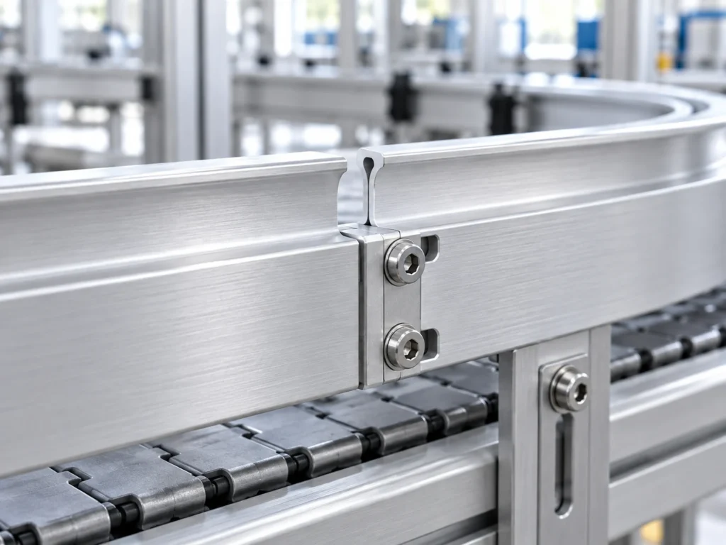 Illustrative joint between straight and curved aluminum conveyor guides