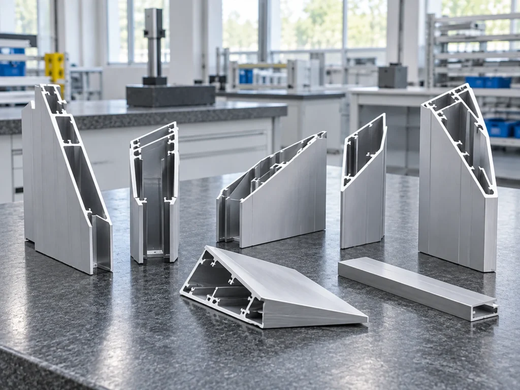 Aluminum extrusion pieces with angled ends arranged upright and flat on an inspection bench.