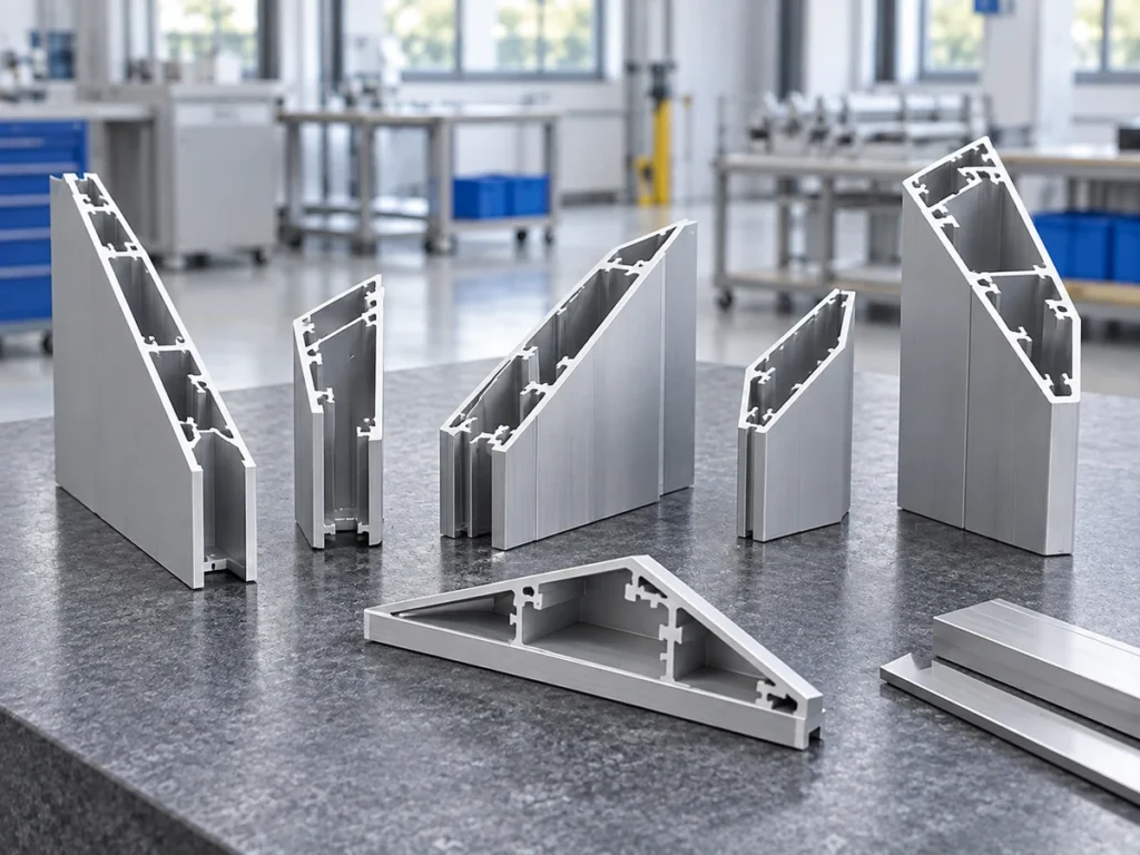 Several multi-chamber aluminum sections with sloping ends on a workshop bench, with one large section lying in the foreground.