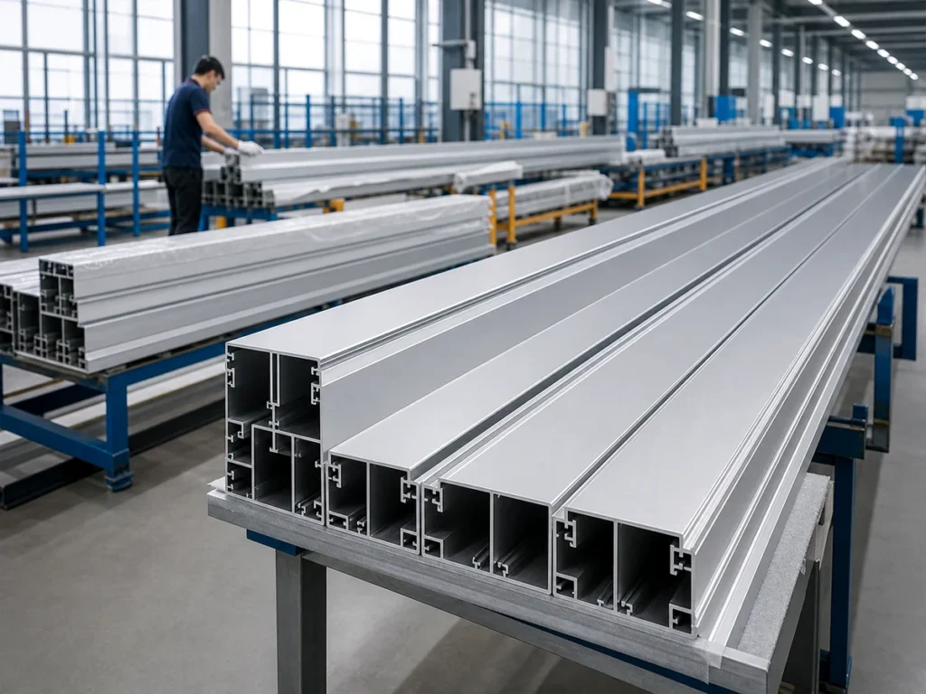 Long hollow aluminum sections resting on supports, with a worker and more stock in the background.