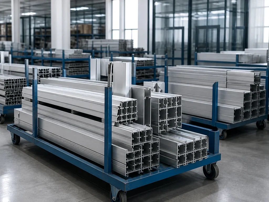 Blue wheeled racks beside upright aluminum profile stock