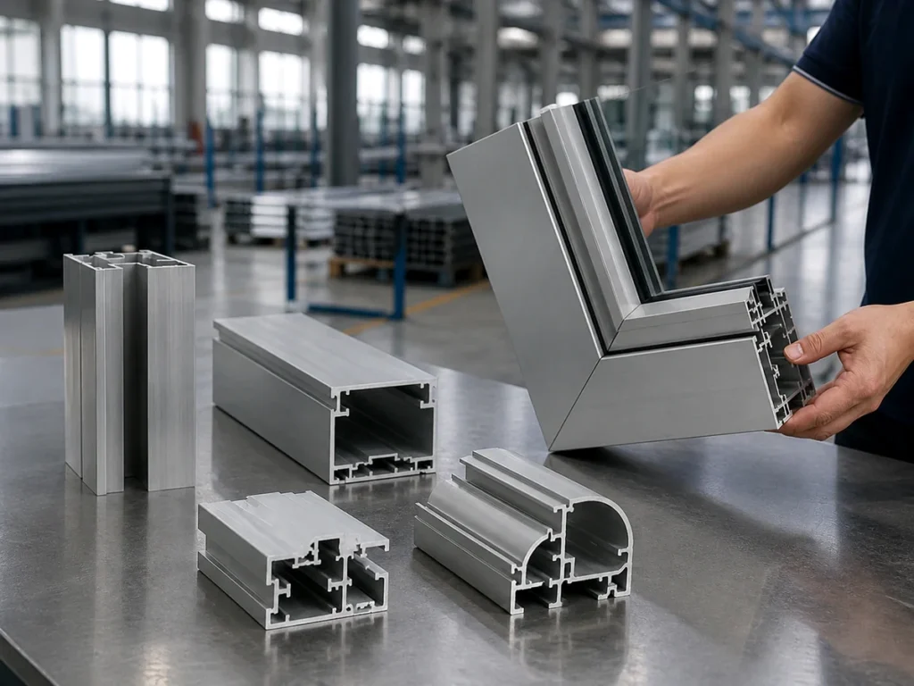 A person holding an architectural aluminum frame corner beside separate profile sections