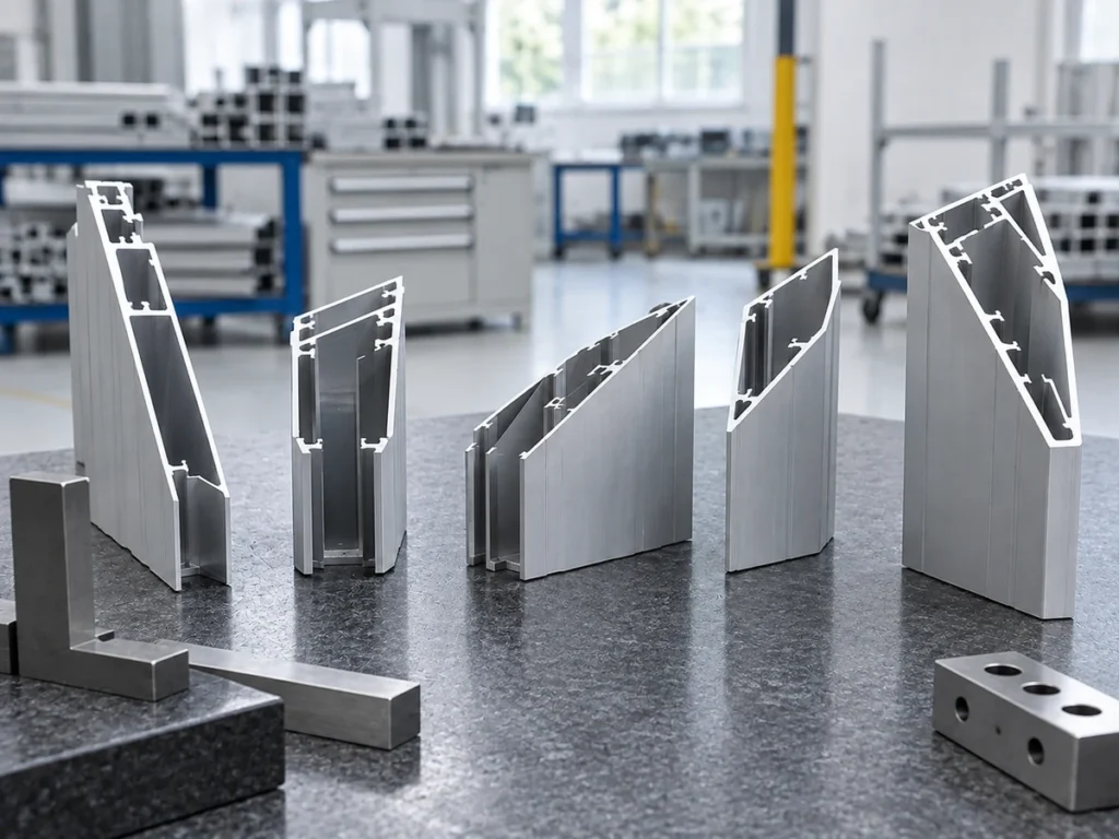 Custom aluminum corner members: distinct angle samples.