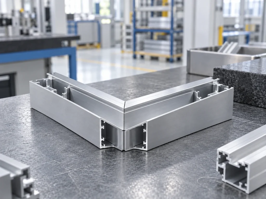Joined aluminum corner members forming part of an open rectangular frame.