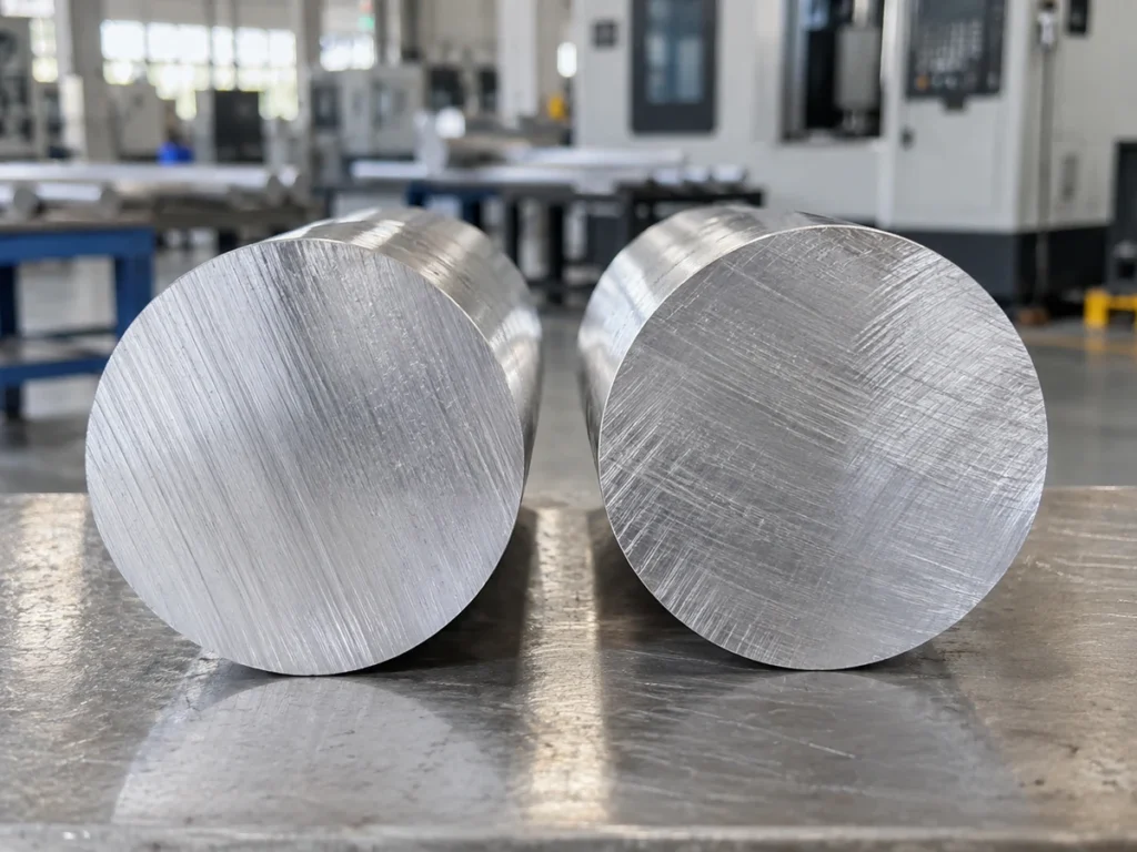 Two solid round aluminum bars on a bench, with differently textured circular end faces facing the viewer.