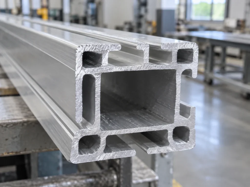 Close view of the end face of a hollow aluminum extrusion with several cavities and slots.