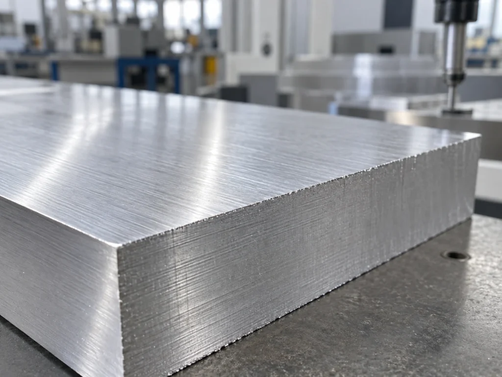 Close view of an aluminum block with visible linear surface marks and small projections along an edge.