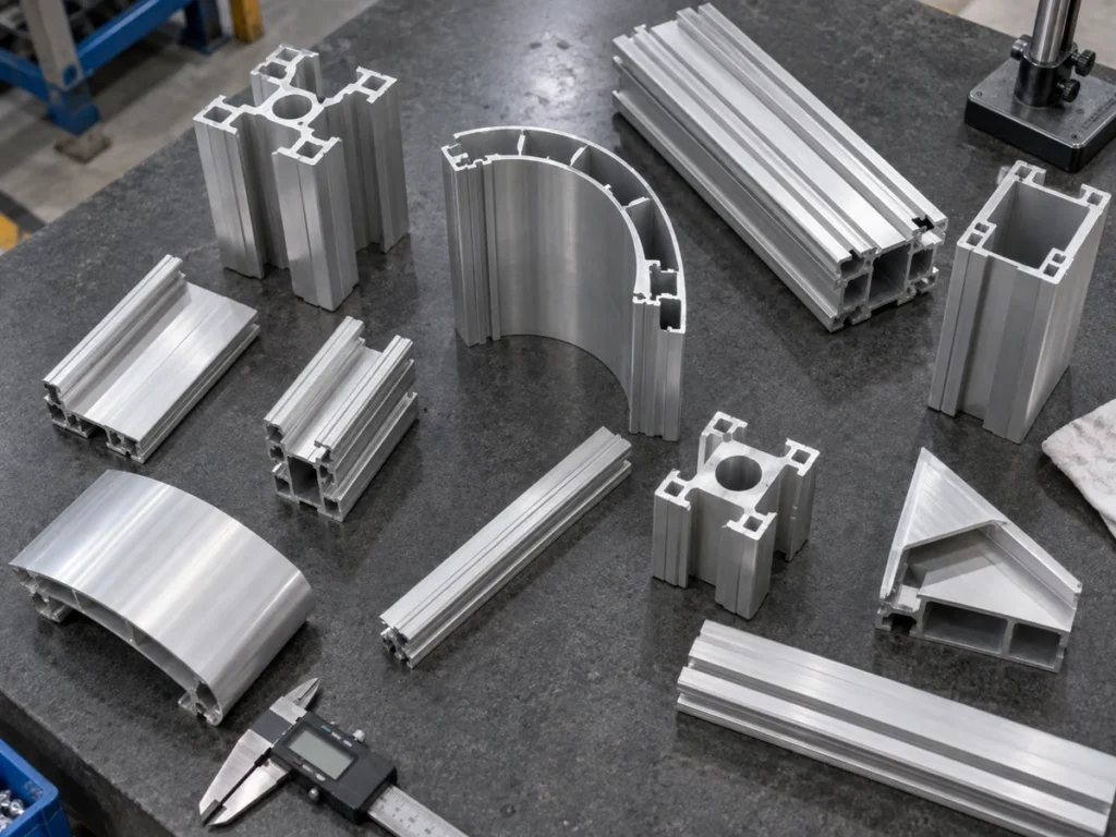 Different aluminum extrusion sections displayed on a bench
