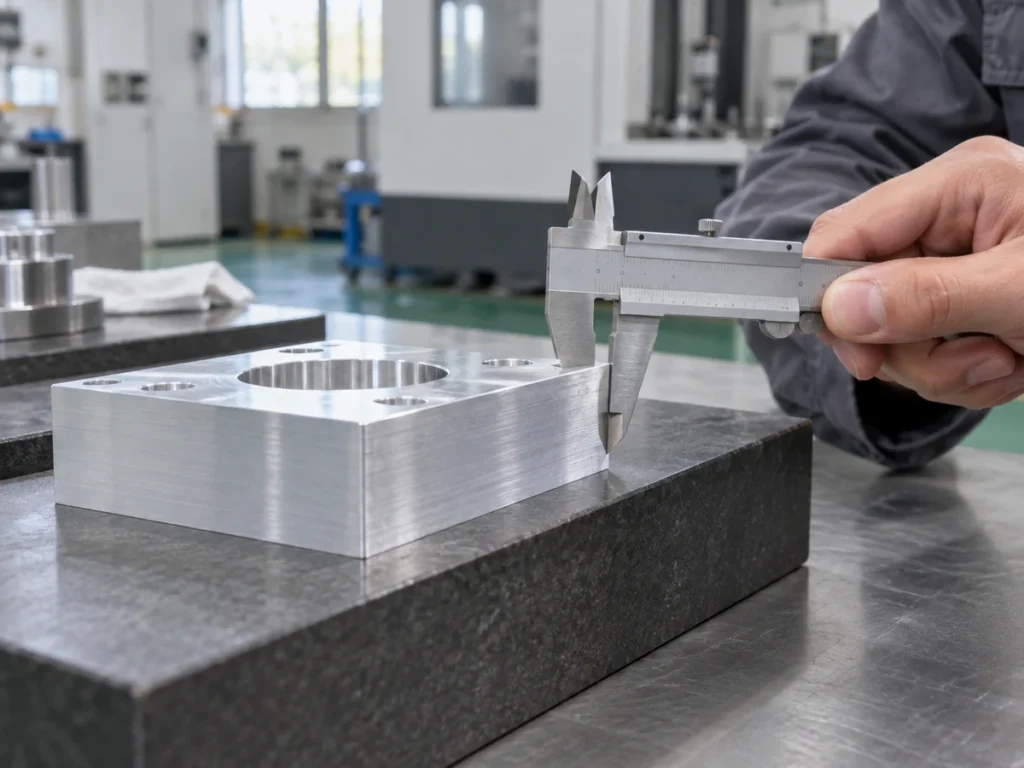 Hand holding a vernier caliper beside a rectangular machined aluminum block with a large circular opening and smaller holes on its top face.