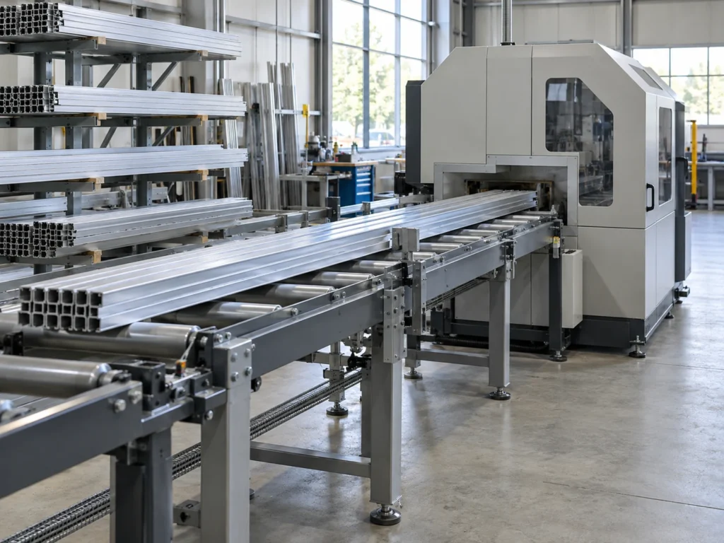 Long aluminum profiles on roller supports beside stock racks and an enclosed machine