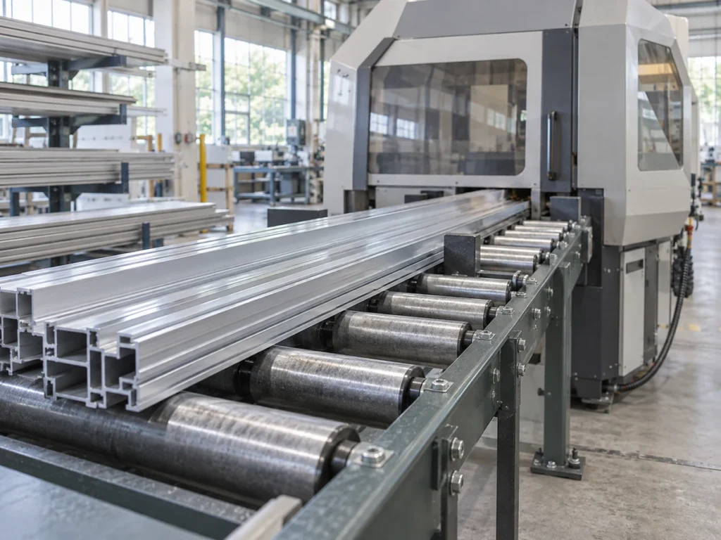 Aluminum profiles resting on conveyor rollers near an enclosed cutting machine