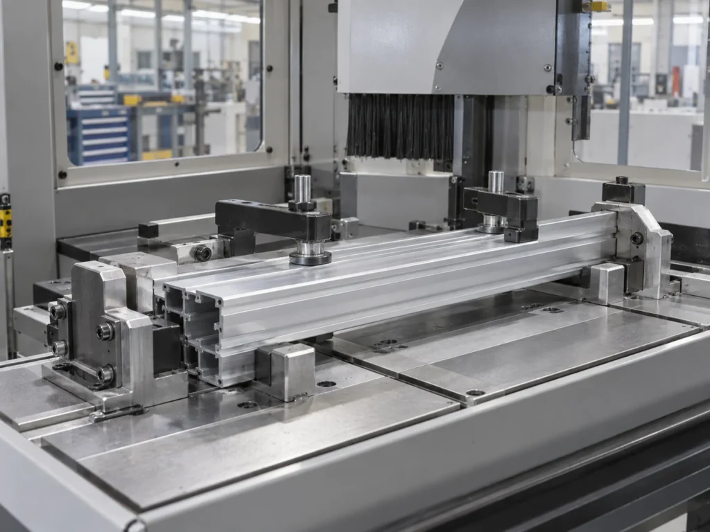 Aluminum extrusion supported between locating contacts and hold-down fixtures