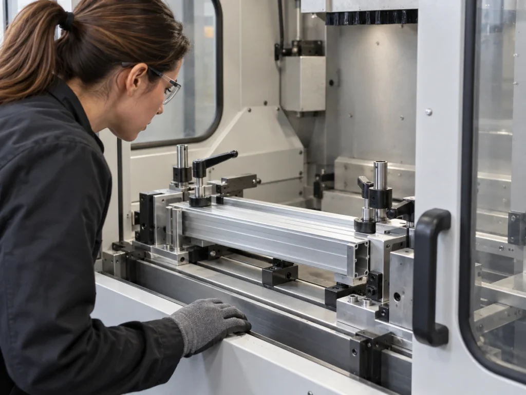 An operator in safety glasses reviewing an aluminum extrusion and clamps inside a machine enclosure.