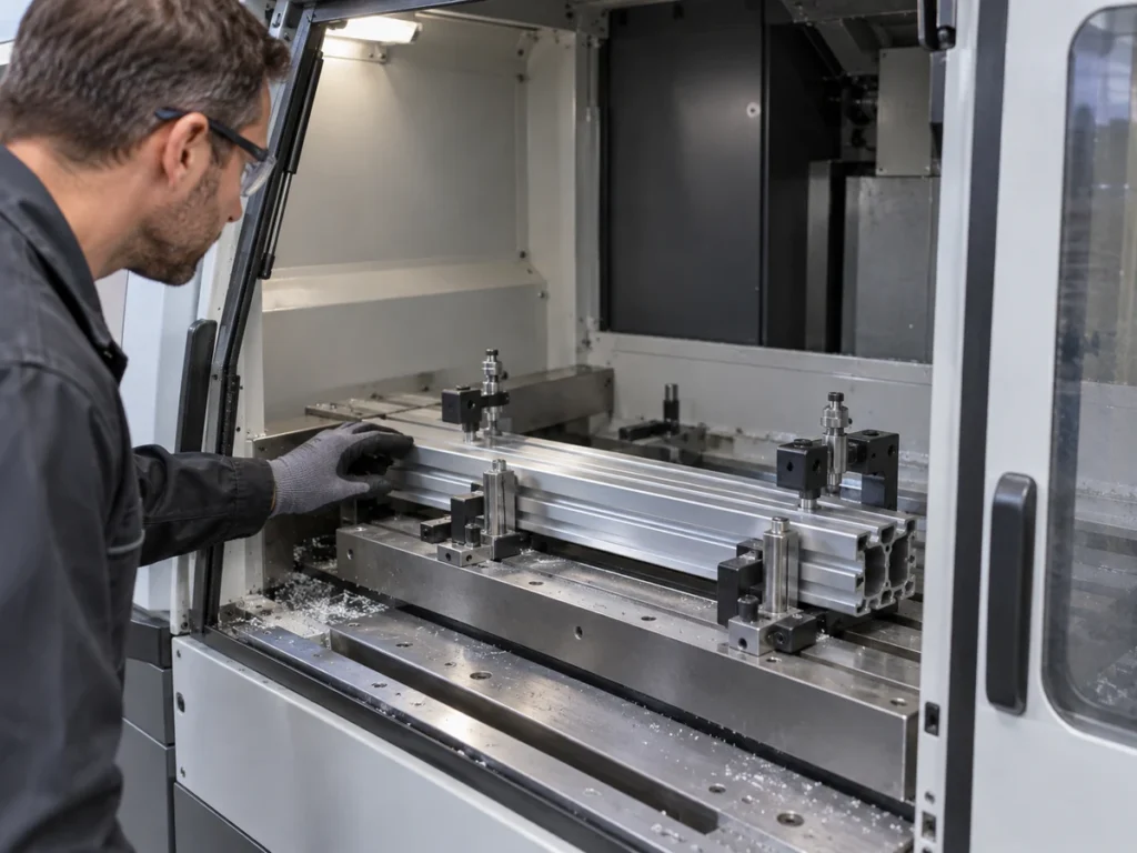 An operator wearing safety glasses and gloves beside an aluminum profile in a machine fixture.