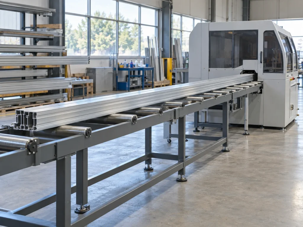 Long aluminum extrusion supported on a roller bed leading into an enclosed machine
