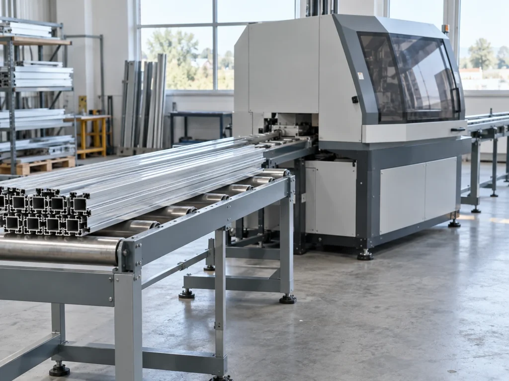 Long aluminum extrusions resting on roller supports beside an enclosed machine