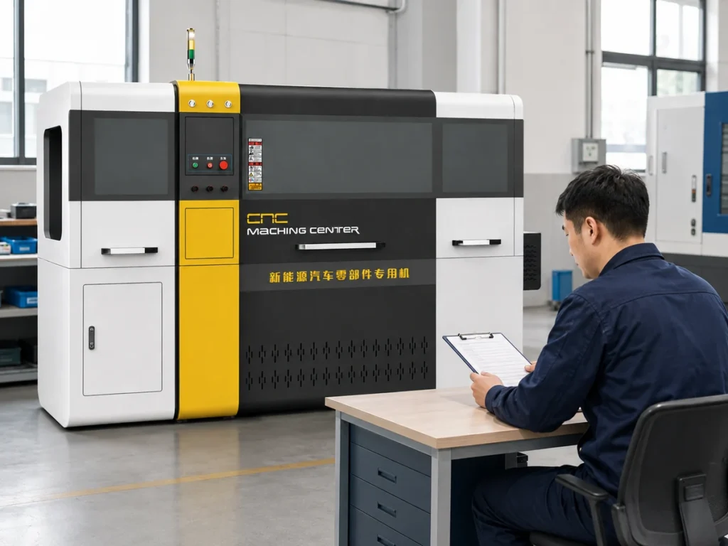 Engineer reviewing a maintenance log at a desk beside a closed aluminum cutting machine.