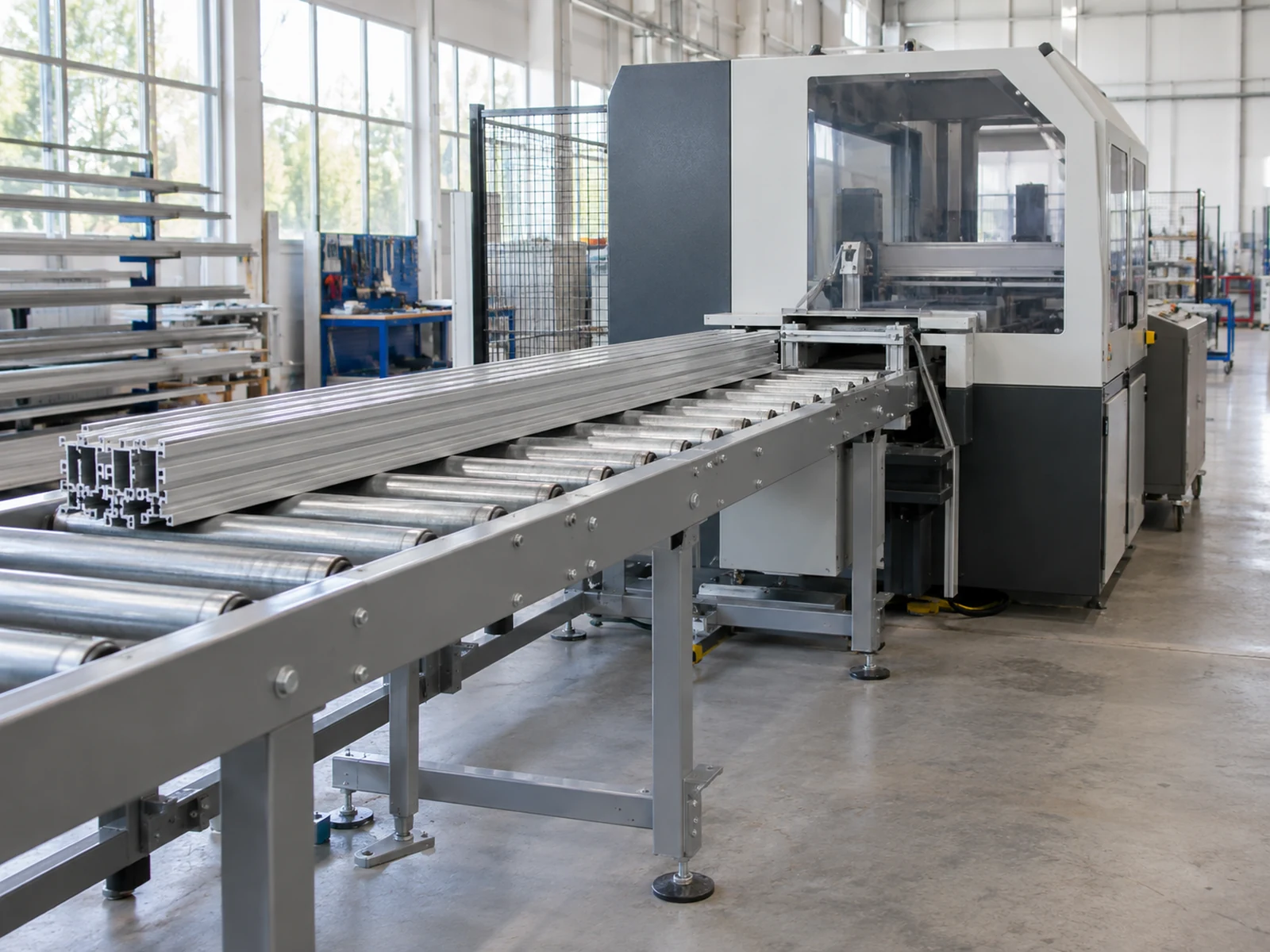Aluminum cutting cycle time review: extrusion stock on roller supports at an enclosed cutting cell