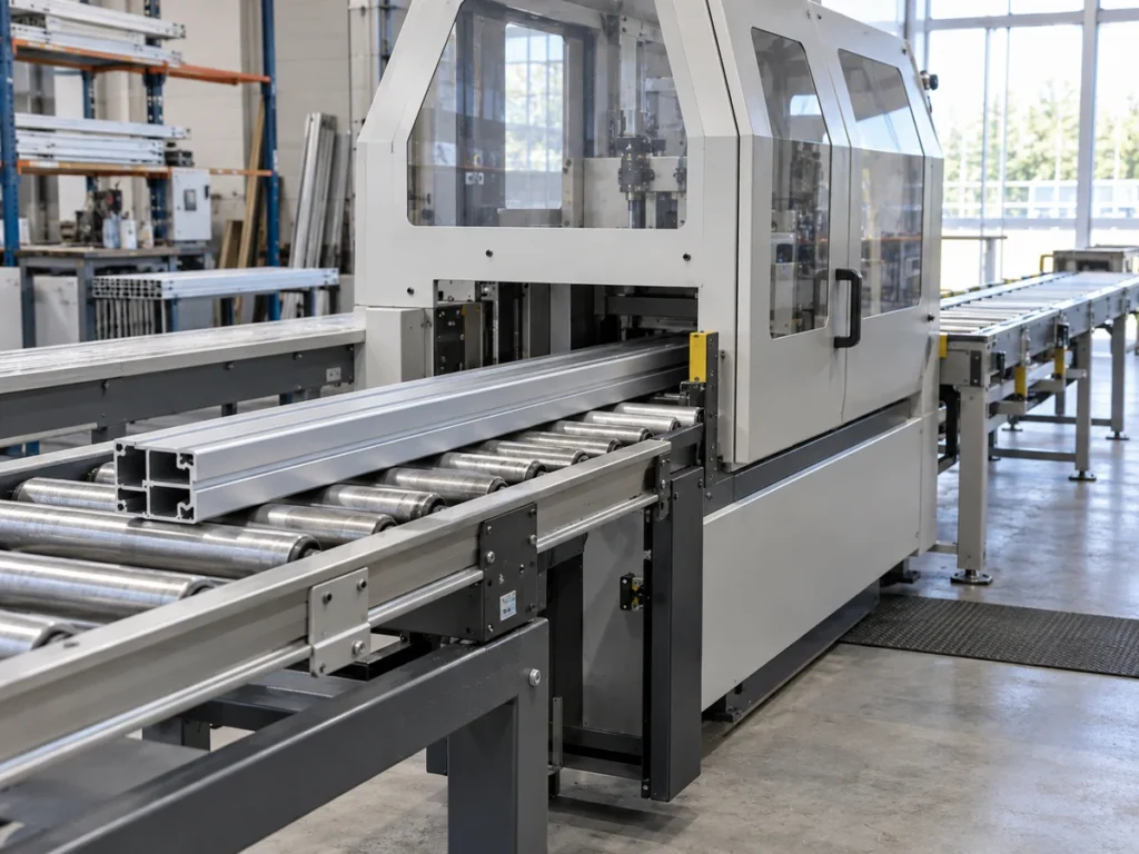 An aluminum extrusion resting on rollers leading into an enclosed machine