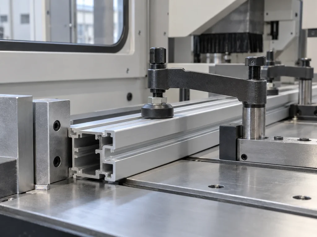 A hollow slotted aluminum extrusion held between fixture blocks under a top clamp inside an enclosed machine.