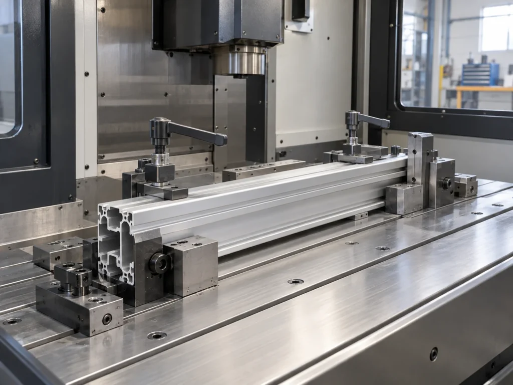 An aluminum extrusion positioned between fixture blocks and clamps on a machine table.