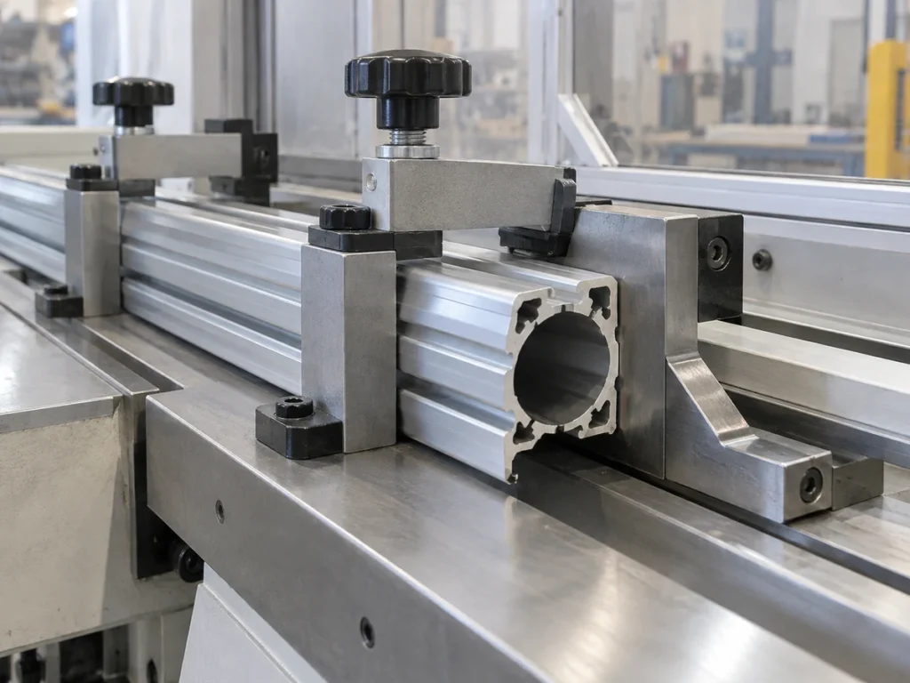 Hollow aluminum profile with a circular opening held between metal blocks and screw clamps.