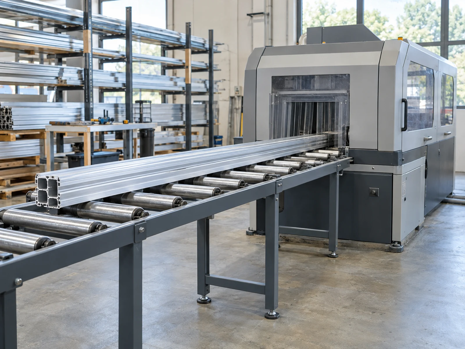 Illustrative enclosed cutting equipment with a long aluminum extrusion on a roller support