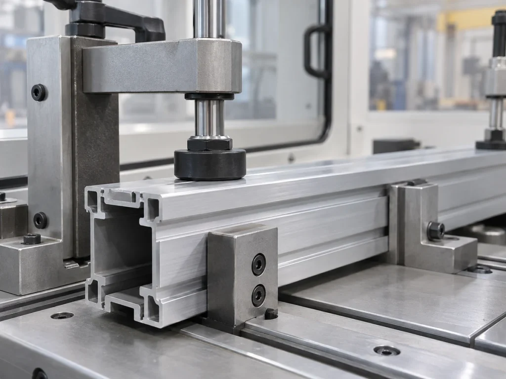 Vertical clamp pad above a hollow aluminum extrusion with side blocks on a slotted table.