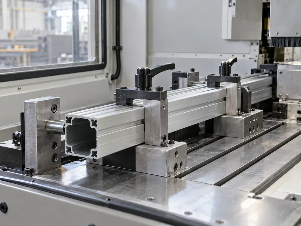 Long hollow aluminum extrusion held between metal fixture blocks and two top clamps inside an enclosed industrial machine.
