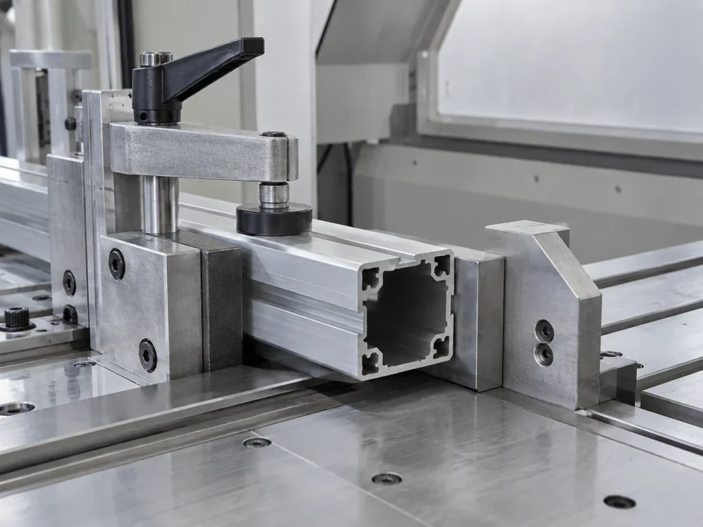 Aluminum extrusion positioned between side references and an upper clamp